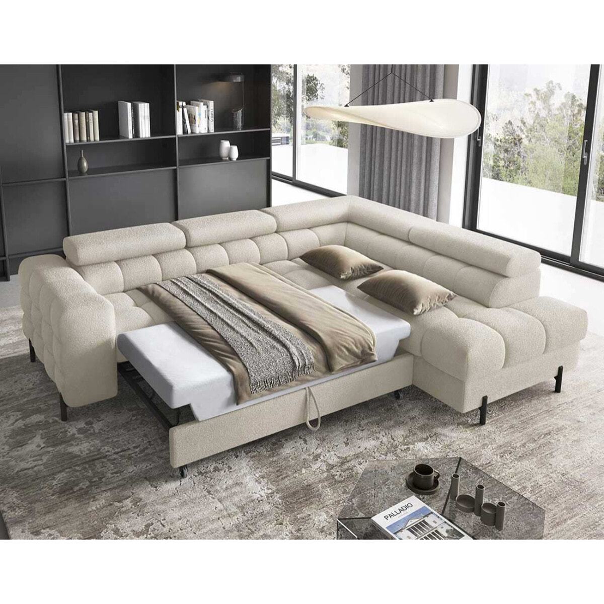 Elisa - canapé d'angle droit 5 places convertible avec coffre et têtières réglables en tissu bouclette - Beige