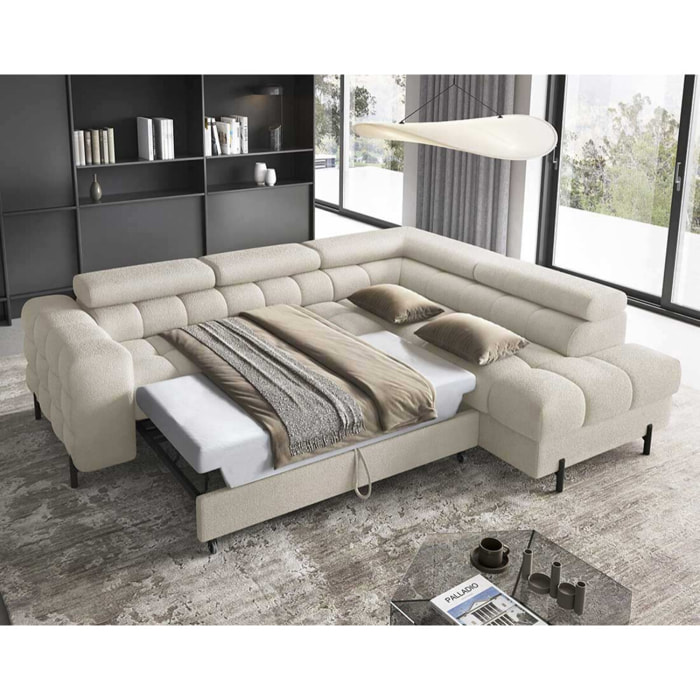 Elisa - canapé d'angle droit 5 places convertible avec coffre et têtières réglables en tissu bouclette - Beige