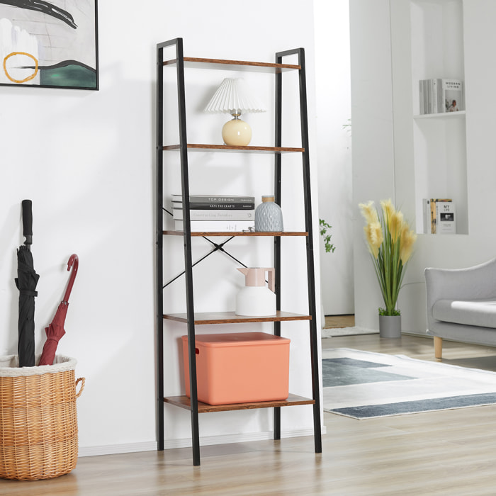 HOMCOM Estantería de Estilo Industrial en Forma de Escalera con 5 Baldas con Marco de Metal para Sala de Estar Dormitorio Cocina Oficina 56x34x160 cm Marrón Rústico