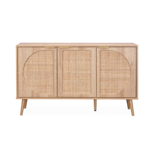 Buffet de rangement. Eva. cannage arrondis et décor bois. trois portes. deux niveaux . buffet bas. L 120 x l39 x H70cm