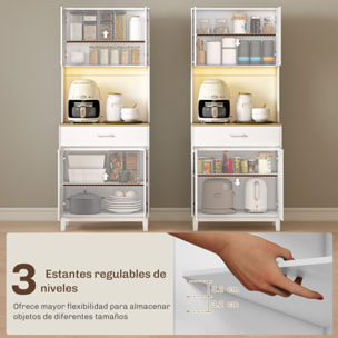Alacena de Cocina con Luces LED y Estación de Carga, Control por APP, Mueble Auxiliar de Cocina con 4 Puertas, Cajón, Encimera Abierta para Microondas, Estantes Ajustables, 71x40x180 cm, Blanco