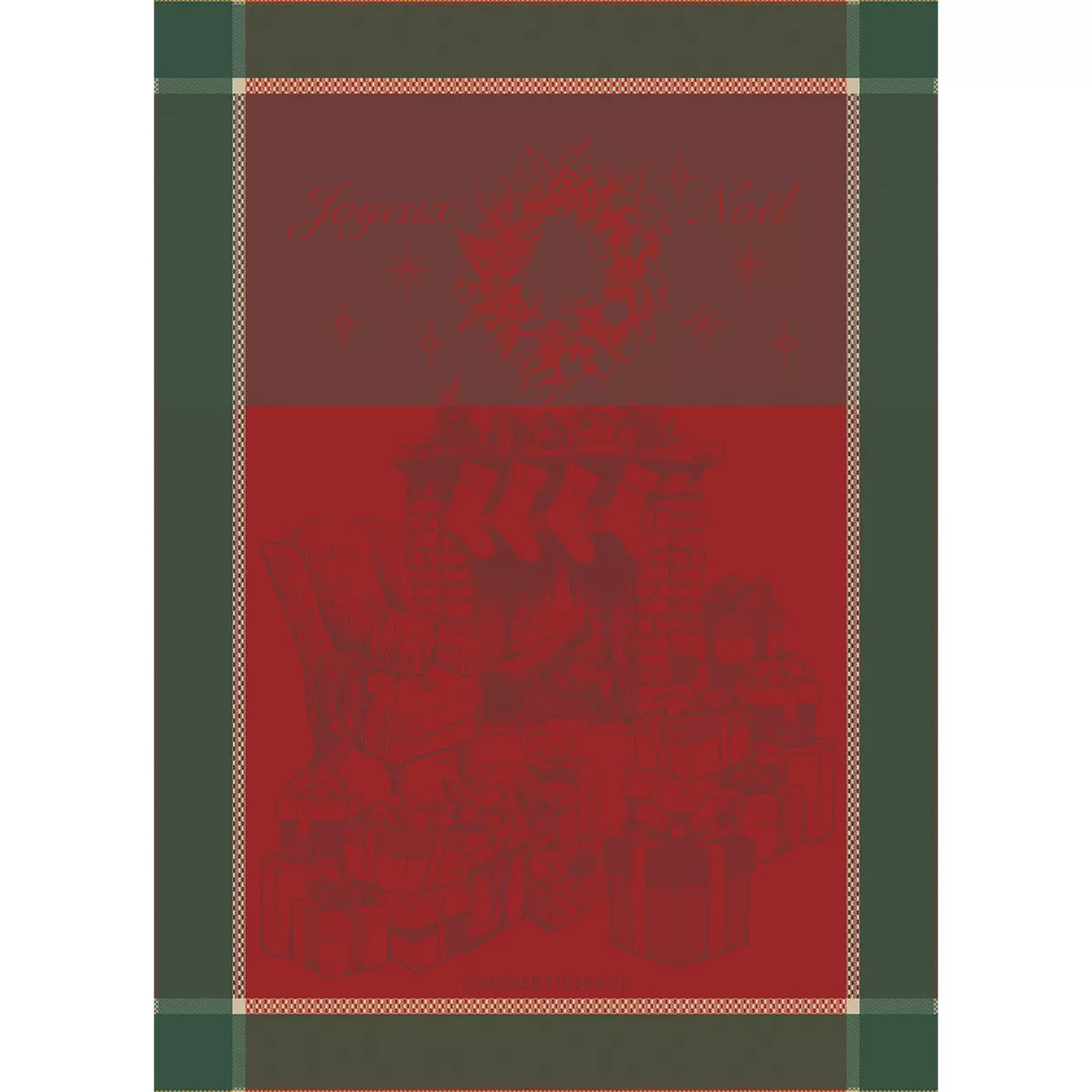 Torchon pur coton motif jacquard vert rouge Les cadeaux de noel houx
