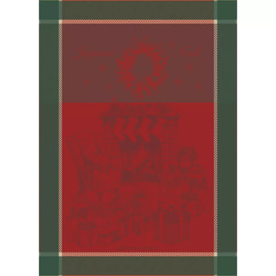 Torchon pur coton motif jacquard vert rouge Les cadeaux de noel houx