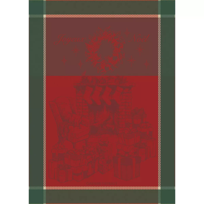 Torchon pur coton motif jacquard vert rouge Les cadeaux de noel houx