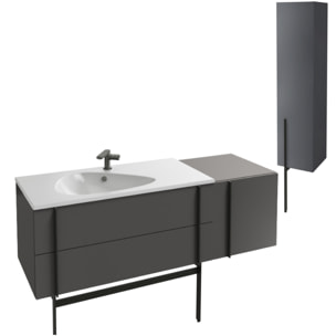 Meuble de salle de bain 145 cm Nouvelle Vague gris brillant + tiroir rack + colonne version droite + pied