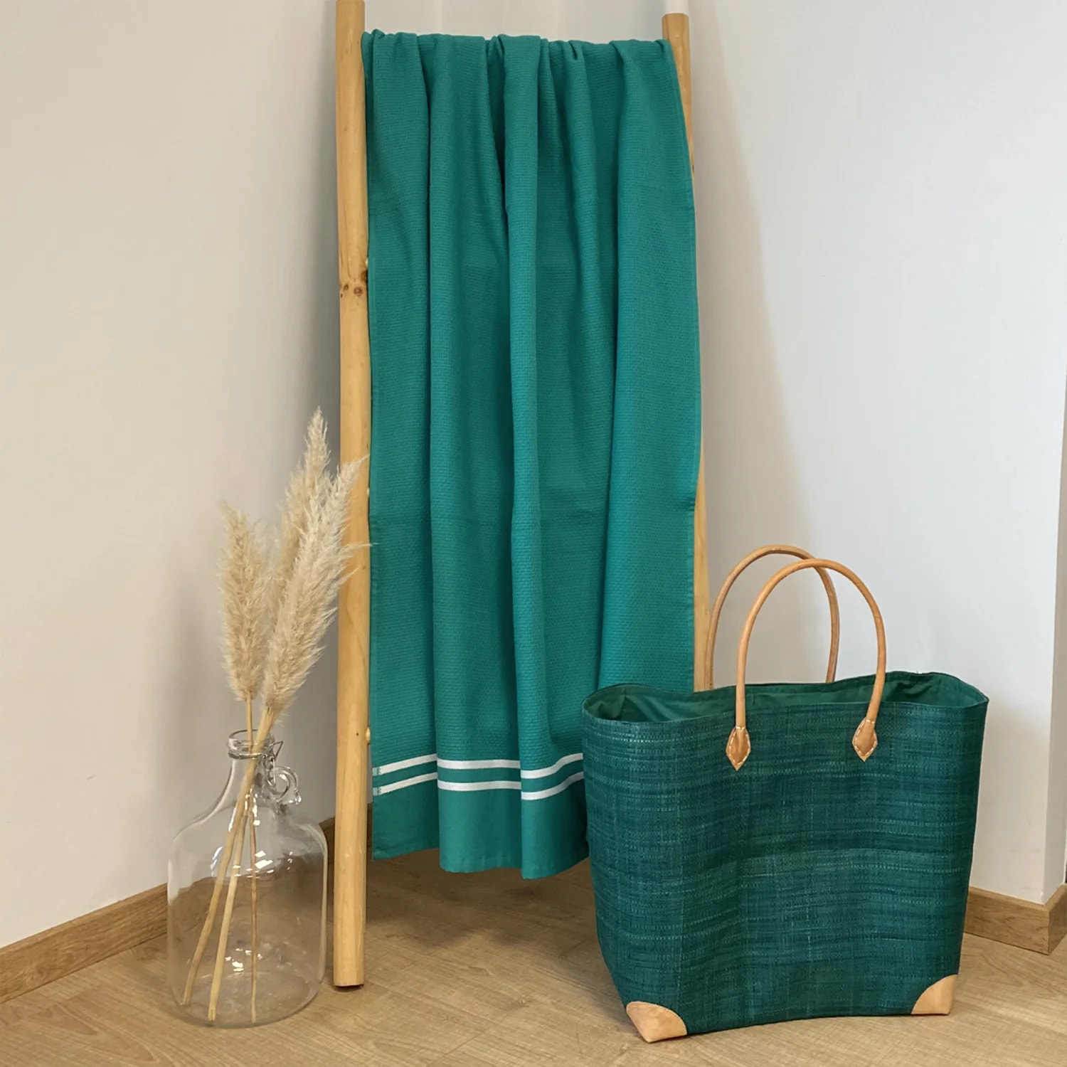 Fouta doublée éponge Waffle Vert 90x170 355g/m²