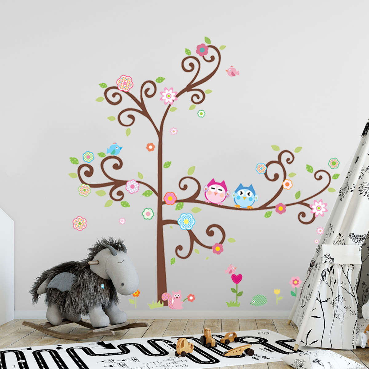 Stickers Muraux décoration adhésifs Hiboux sur arbre en fleurs