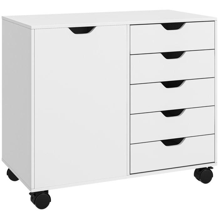Cajonera de Escritorio con 5 Cajones, Cajonera de Oficina con Ruedas, Estante Ajustable, Soporte para Impresora para Estudio, Salón, 78x40x66,5 cm, Blanco