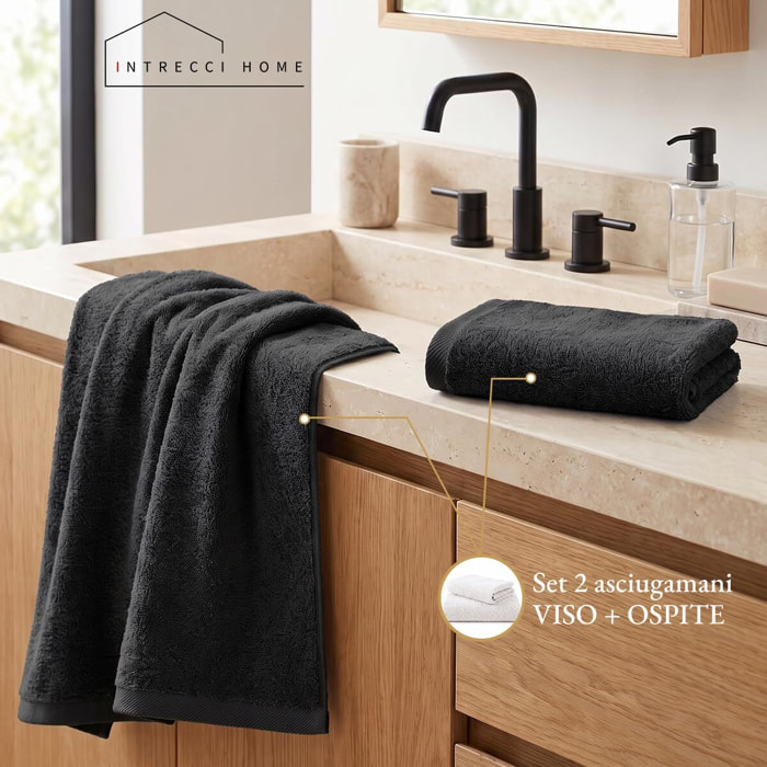 INTRECCI HOME Set Bagno Asciugamani Viso e Ospite, in Puro Cotone 500 g, Morbidezza Extra, Assorbenza Superiore