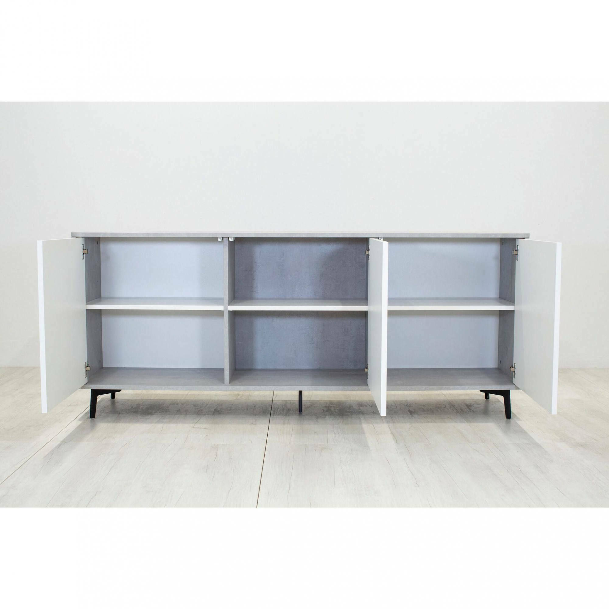 Credenza Fresia, Mobile buffet a 3 ante e 1 ripiano regolabile, Madia elegante da soggiorno, Mobile porta TV, 100% Made in Italy, Cm 184x45h77, Bianco e Cemento