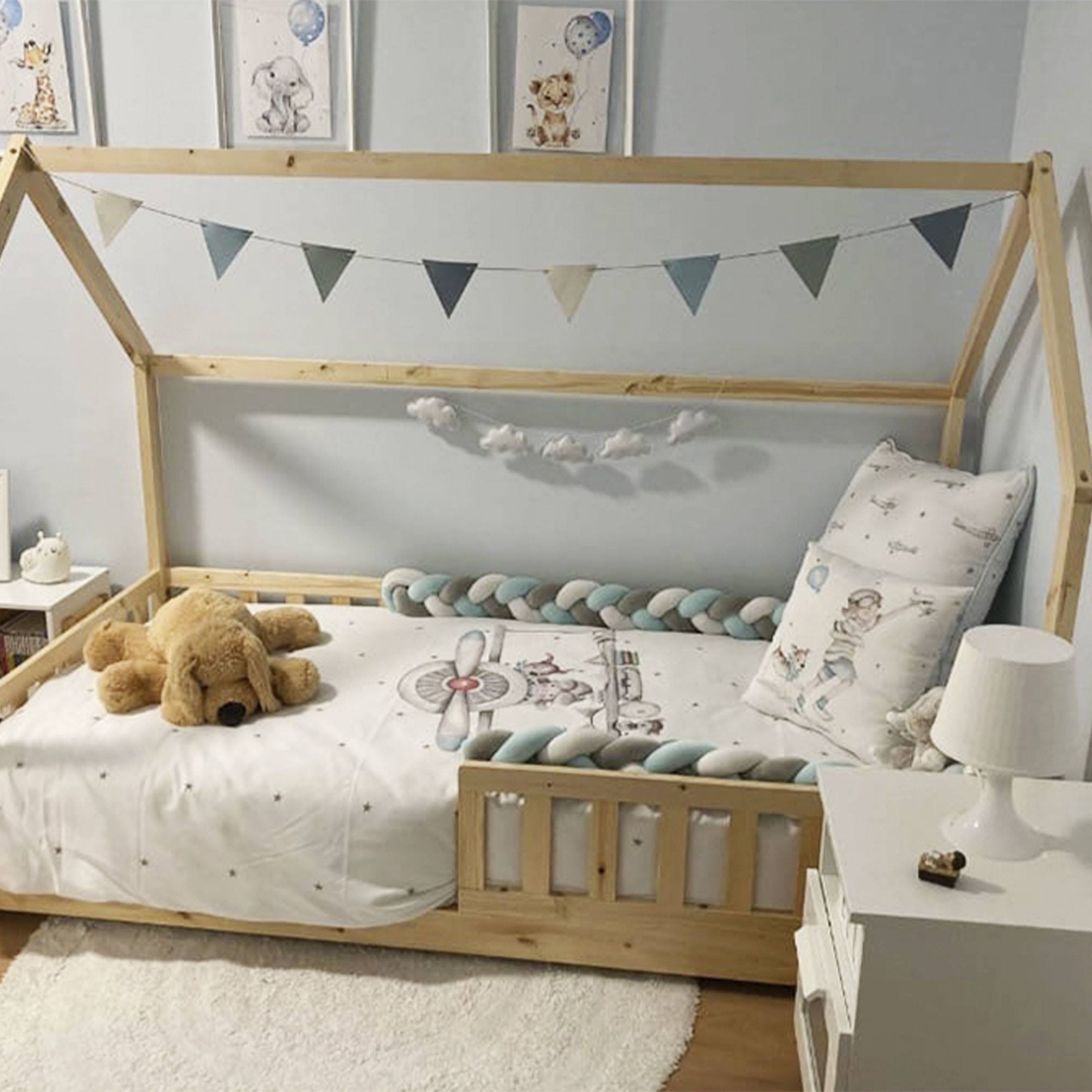 Set de cama infantil cabaña ''bosco'' 90x190cm + colchón serenia 90x190cm (altura 17cm), transpirable, adaptable y atérmico