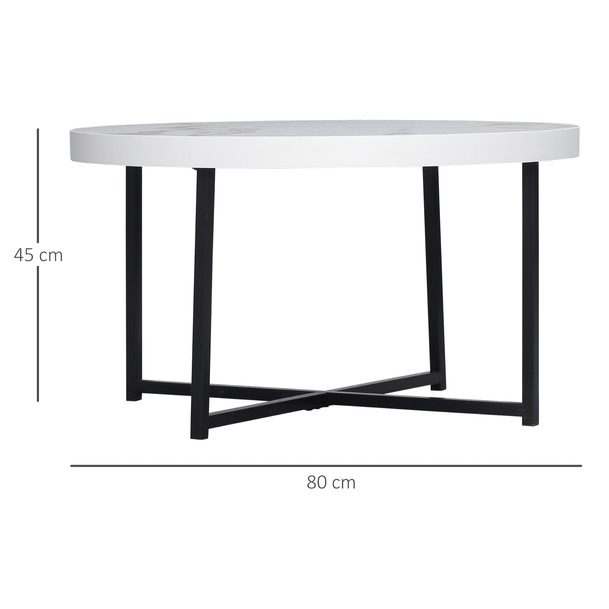 HOMCOM Mesa de Centro Mesa de Salón Redondo con Encimera Símil Mármol y Marco de Metal para Oficina Dormitorio Comedor Estilo Moderno 80x80x45 cm Blanco