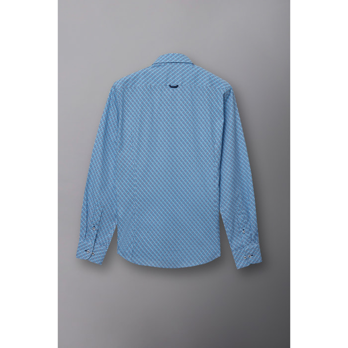 camicia uomo 1 bottone button down slim Popeline Stampato Bianco e Blu