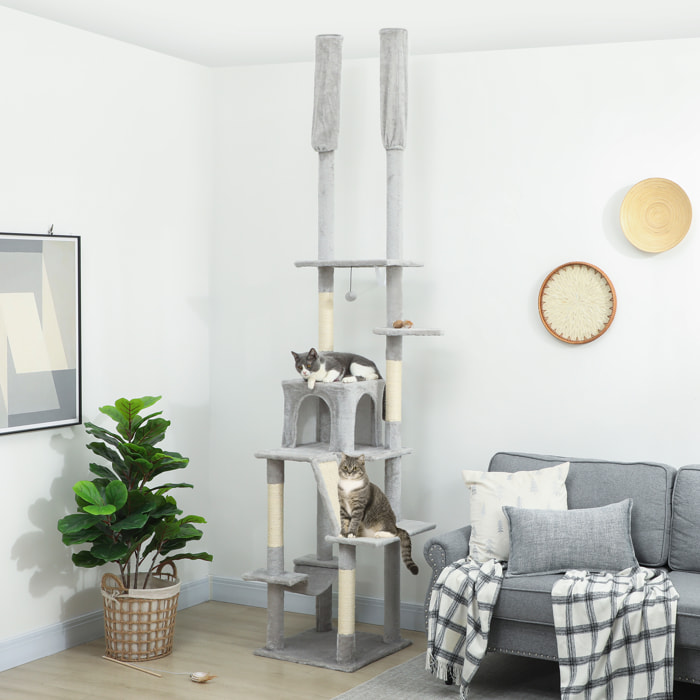 Arbre à chat du sol au plafond XXL, hauteur réglable 225-255 cm, griffoir pour chat en sisal à 6 niveaux avec niche, hamac, plates-formes, échelle et 2 pompons suspendues, gris clair