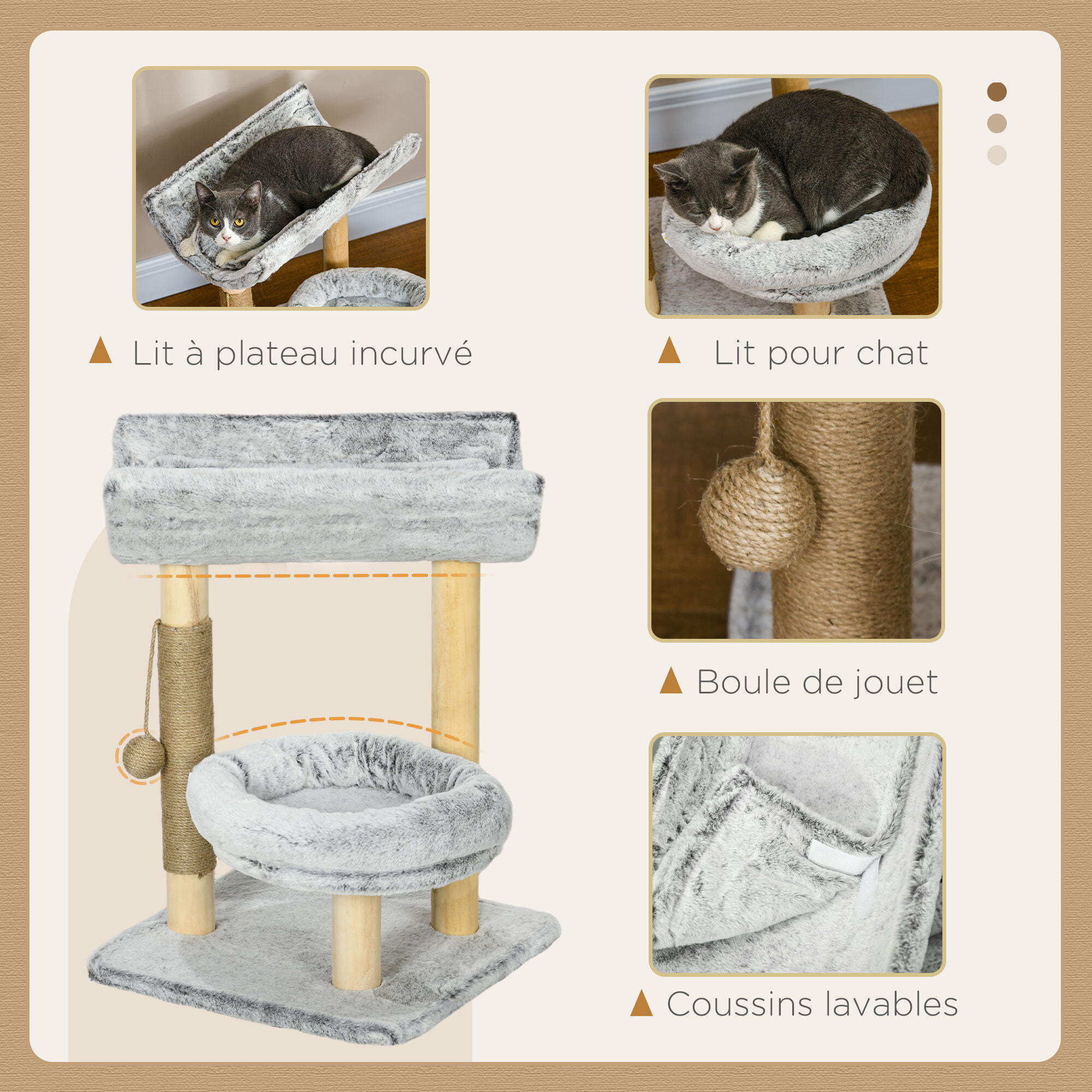 Arbre à chat griffoir chanvre naturel panier plateforme d'observation jeu boule suspendue bois panneaux peluche gris