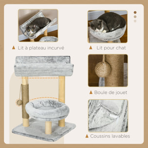 Arbre à chat griffoir chanvre naturel panier plateforme d'observation jeu boule suspendue bois panneaux peluche gris