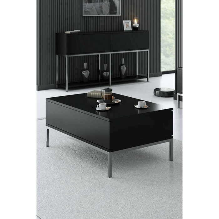 Tavolino da salotto Vespero, Tavolo basso da caffè, Portariviste per divano, Ripiano da soggiorno, 90x60h40 cm, Nero e Argento