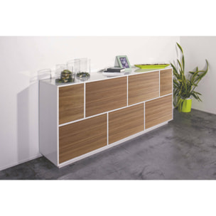 Credenza Virginio, Madia da cucina a 7 ante, Buffet da soggiorno, 100% Made in Italy, cm 200x41h86, Bianco lucido e Noce