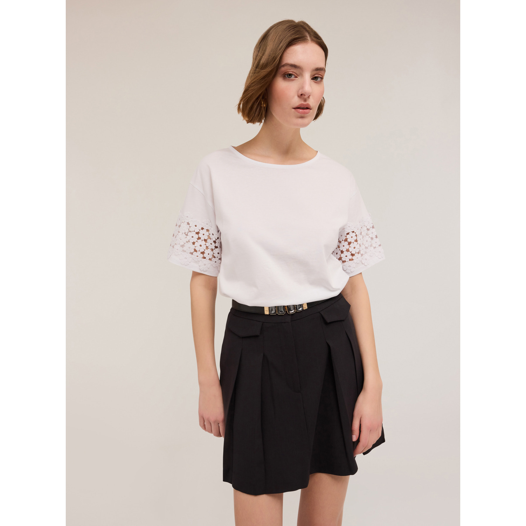 Motivi - T-shirt con maniche effetto crochet - Bianco