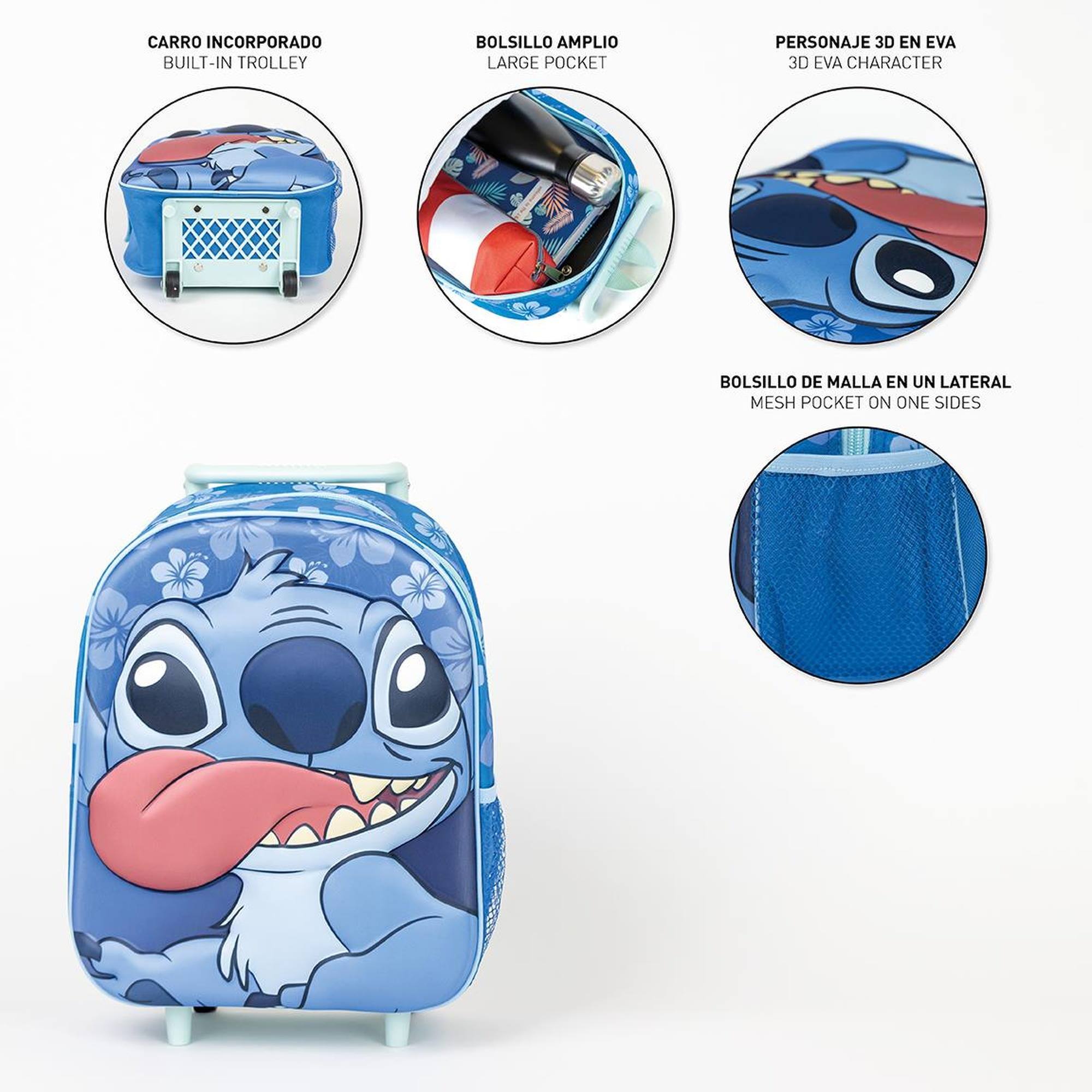 Mochila infantil trolley 3d stitch, unisex niños, azul, pequeña