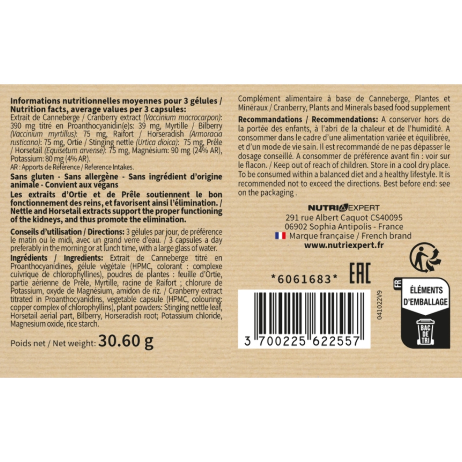 NUTRI EXPERT - Cranberry Complex - Favorise l'Élimination Rénale - Confort urinaire - Canneberge + Ortie + Prêle - Vegan - 60 gélules