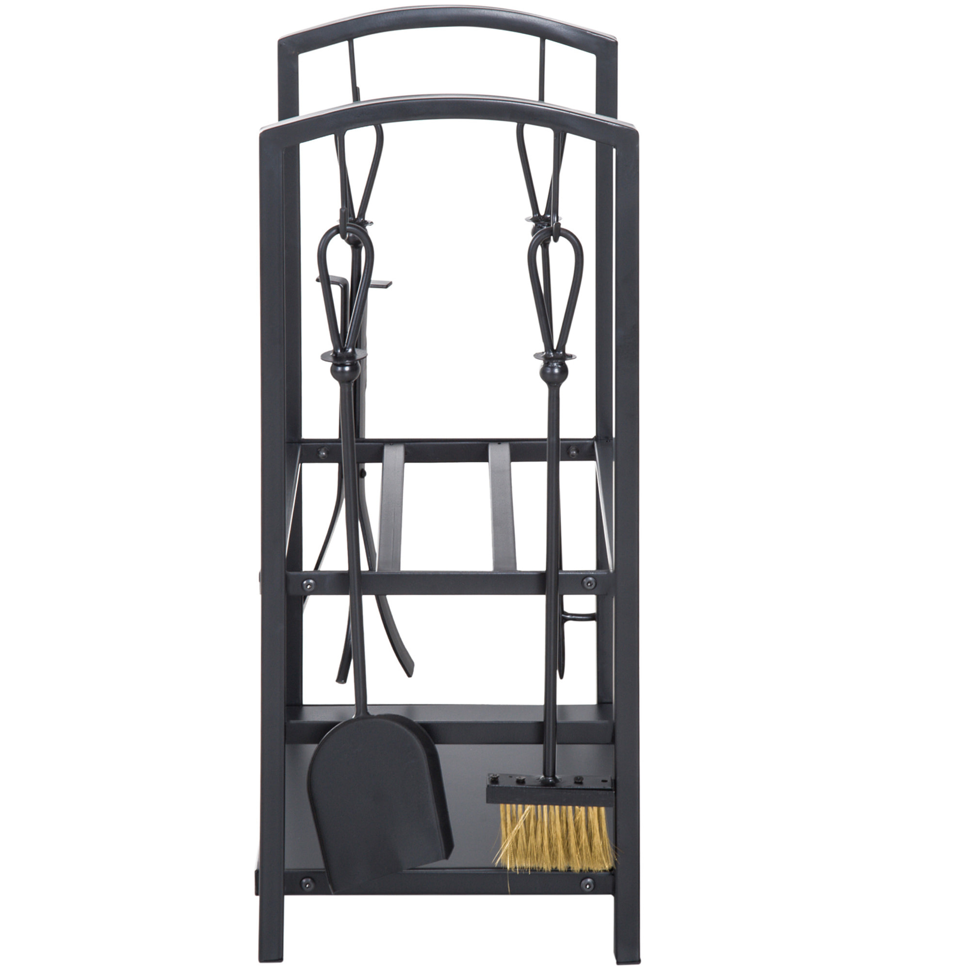 Estante de Leña para chimenea 40x30x74,5 cm Soporte para Leña de 2 Niveles Leñero Exterior e Interior Metálico con 4 Herramientas para Chimenea Carga Máx.100 kg Negro