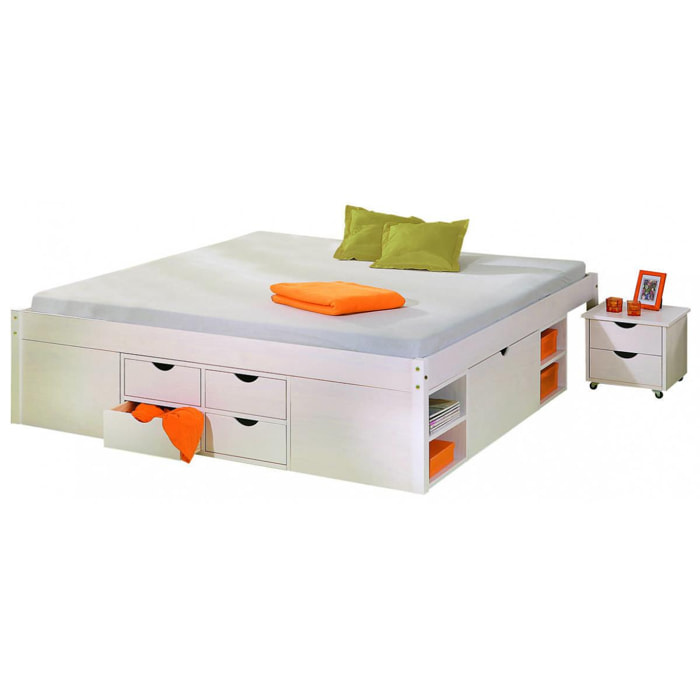 Letto matrimoniale con vani contenitore e comodino incluso con ruote, colore bianco, cm 186.5 x 47,5 x 209