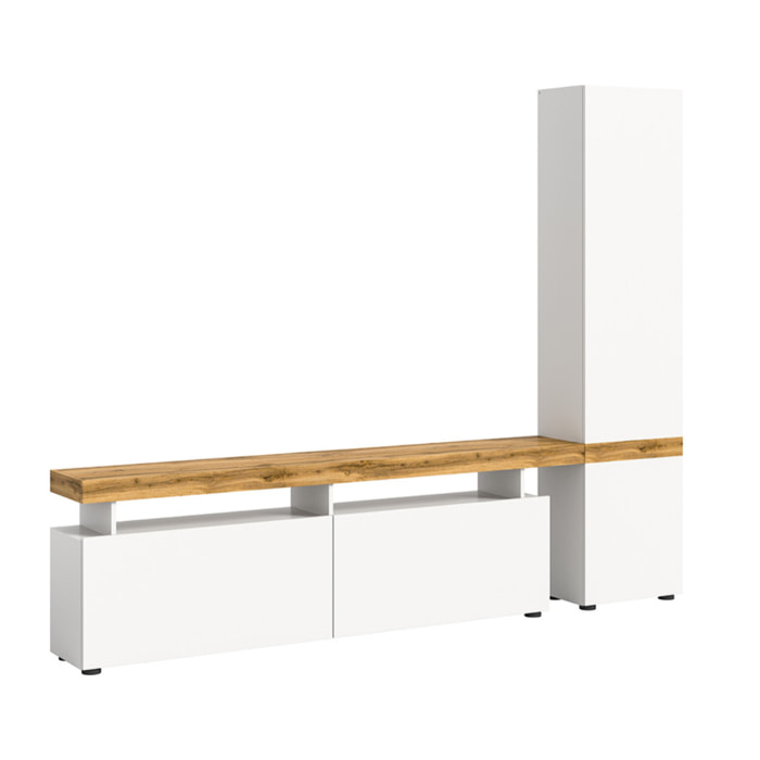Olivier - meuble tv avec armoire - 3 portes - blanc et bois - 235x190 cm - Bois / Blanc