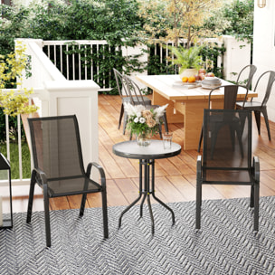 Conjunto de Mesa y Sillas de Terraza Exterior de 3 Piezas Muebles de Jardín Exterior con Sillas Apilables Encimera de Vidrio y Estructura de Acero para Patio Negro