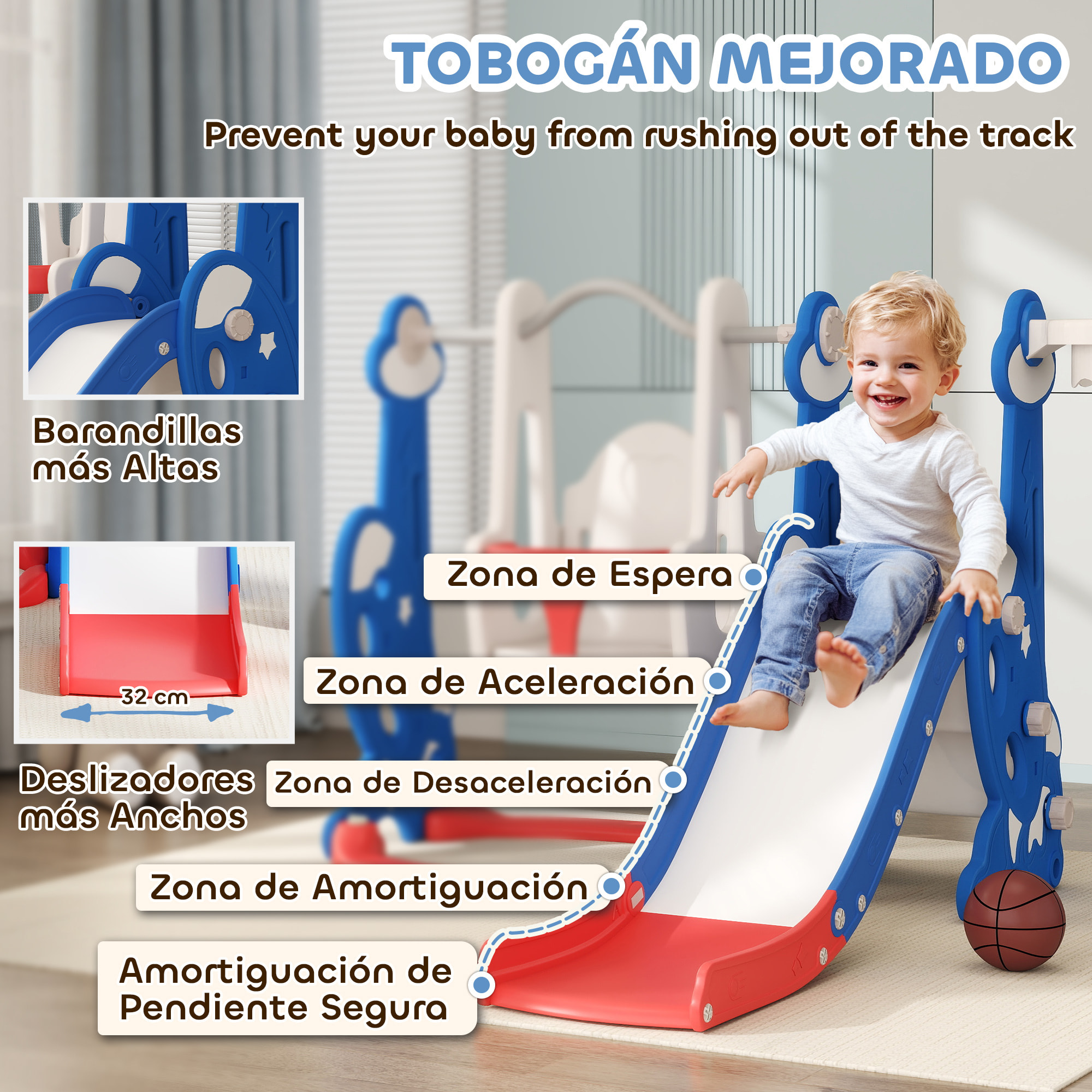 Tobogán Infantil 4 en 1 Parque Infantil con Columpio y Tobogán Escalador Aro de Baloncesto Temática de Cohete para Interior Multicolor