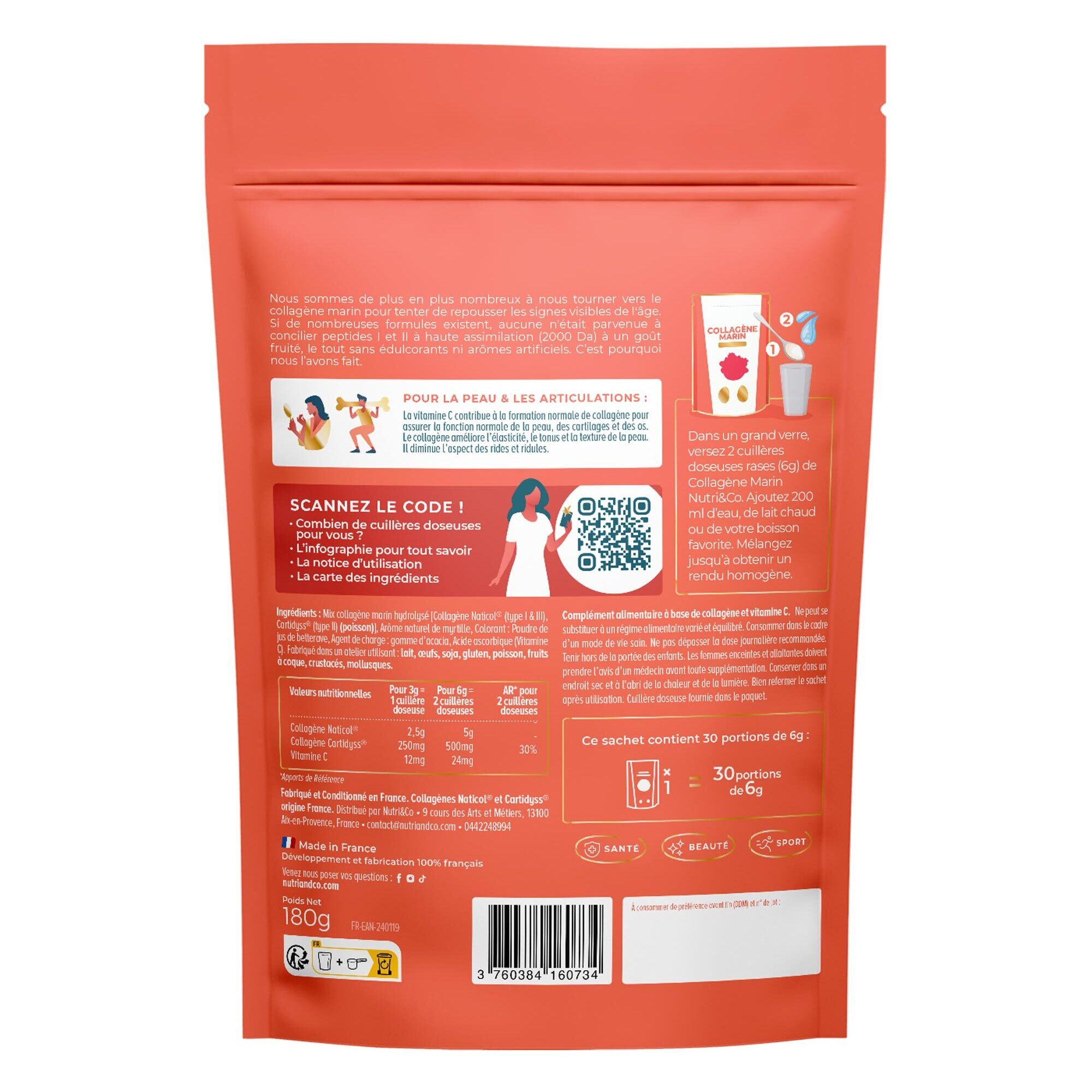 Nutri&Co Collagène Marin Type 1, 2 & 3 Peau & Articulations Goût Fruits Rouges - 180g