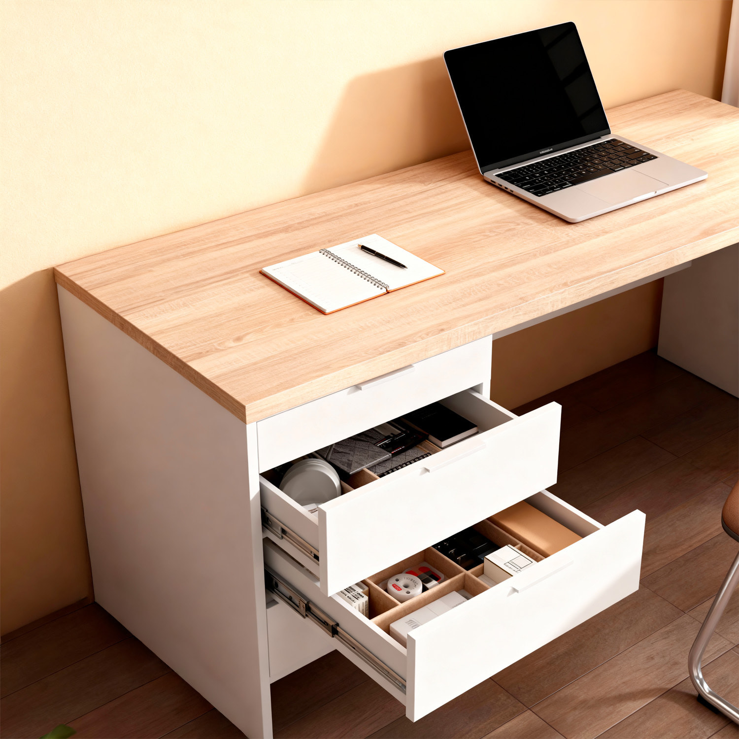 Scrivania Ufficio Studio Reversibile Con Cassettiera A 3 Cassetti Tavolo Da Lavoro Moderno Design Salvaspazio 145 x 108 x 73 Cm Rovere E Bianco Opaco