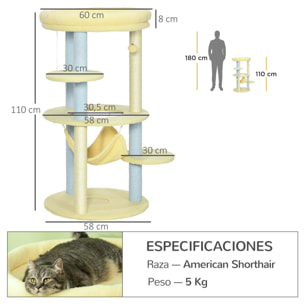 Árbol Rascador para Gatos Mediano 110 cm Torre para Gatos Centro de Actividades para Gatitos con Hamaca Poste de Sisal y Bola Colgante Ø58x110 cm Amarillo y Azul