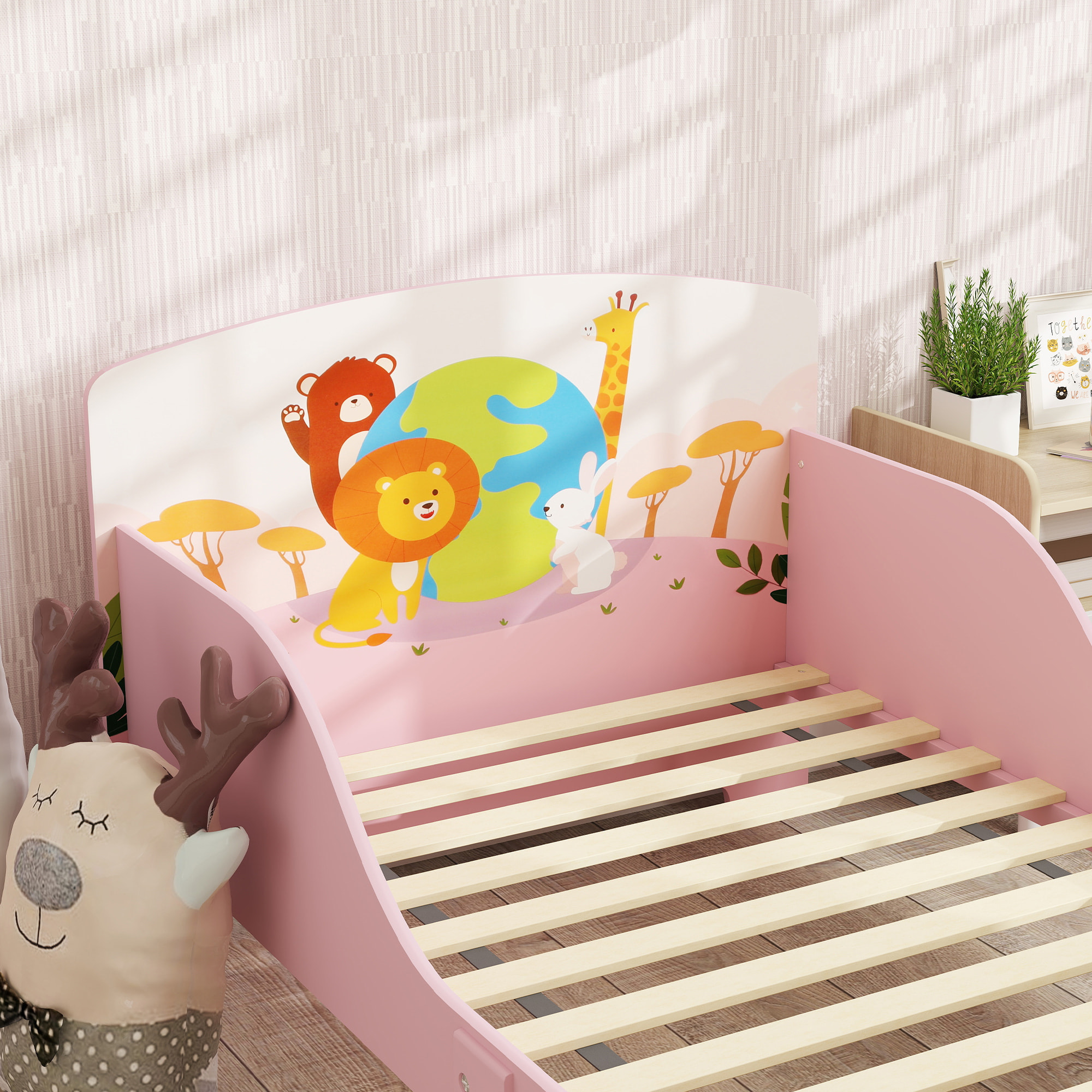 Lit enfant - lit d'enfant design animaux - sommier à lattes inclus - MDF contre-plaqué rose
