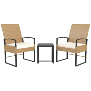 Conjunto de Jardín Exterior de 3 Piezas con Respaldo Ajustable Juego de 2 Sillas y Mesa de Ratán con Cojines Acolchados y Encimera de Vidrio Templado para Balcón Terraza Beige y Blanco