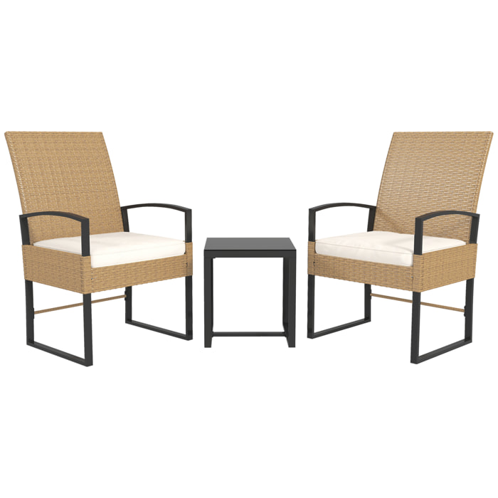 Conjunto de Jardín Exterior de 3 Piezas con Respaldo Ajustable Juego de 2 Sillas y Mesa de Ratán con Cojines Acolchados y Encimera de Vidrio Templado para Balcón Terraza Beige y Blanco