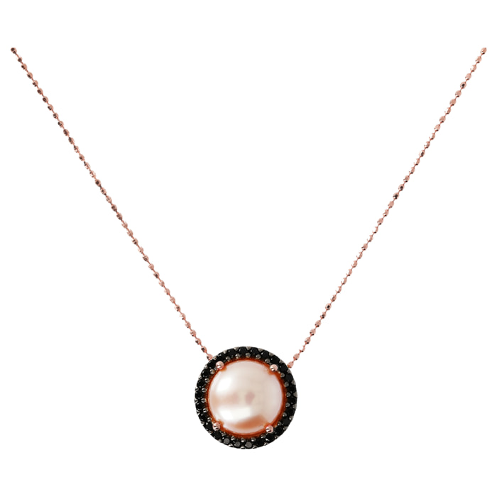 Collana con Pendente Tondo in Spinello Nero e Perla Rosa d'Acqua Dolce Ø9.5/10mm