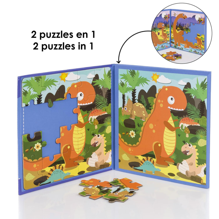 Puzzle design Il paradiso dei dinosauri da 40 pezzi magnetici. Formato a libro, 2 puzzle da 20 pezzi in 1.