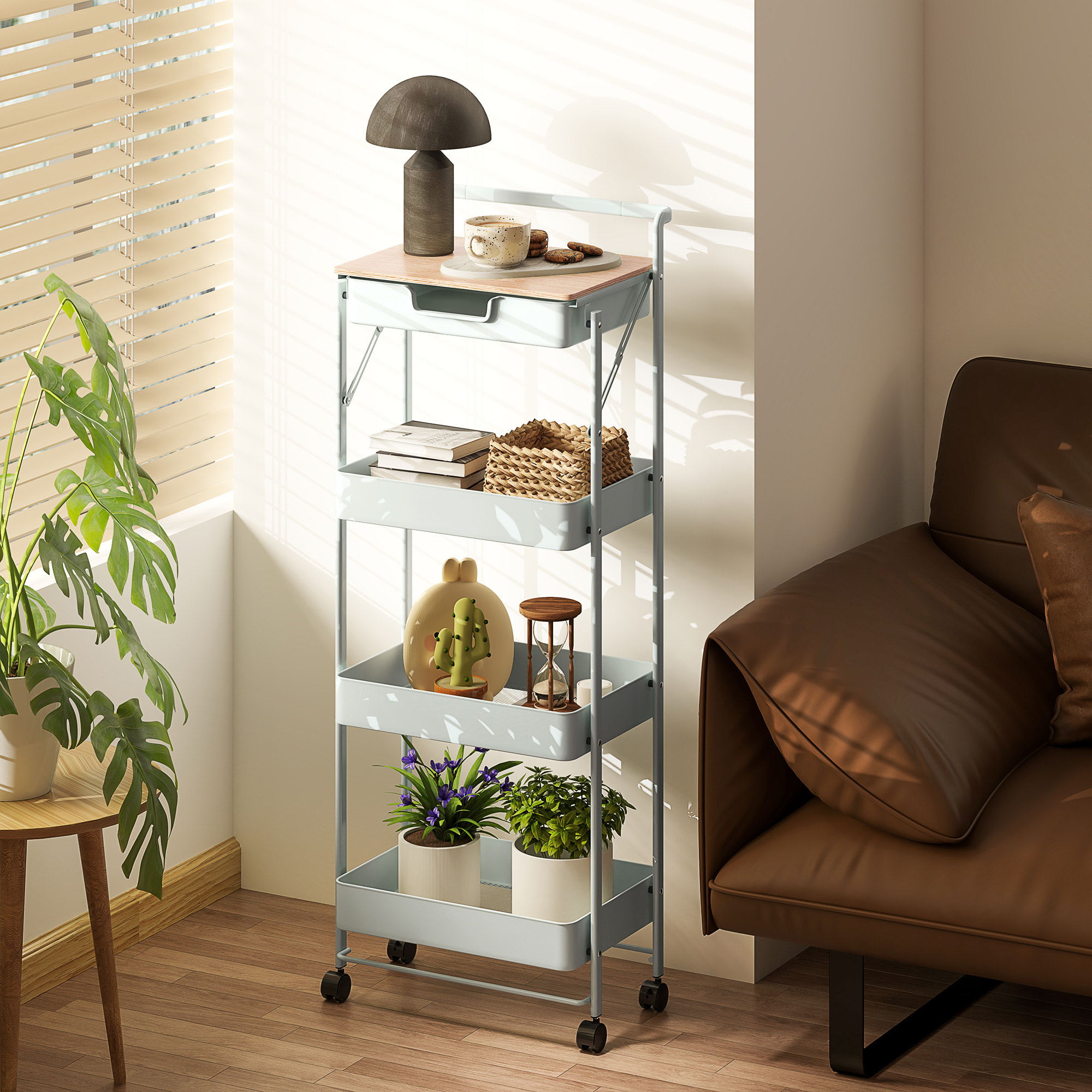 Carrito Auxiliar con Ruedas de 4 Niveles Carro de Cocina con 1 Cajón y 3 Cestas Carrito Organizador para Dormitorio Salón Oficina Verde Claro