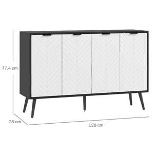 Aparador de 4 Puertas, Aparador de Salón con Estantes Ajustables, Patas de Madera, Puertas con Patrón de Espiga, para Cocina, Entrada, Dormitorio, Blanco y Negro, 120x35x77,4 cm