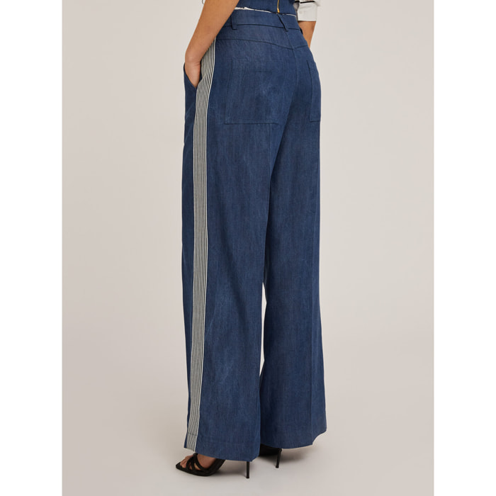 Motivi - Pantaloni palazzo effetto denim con bande laterali - Blu