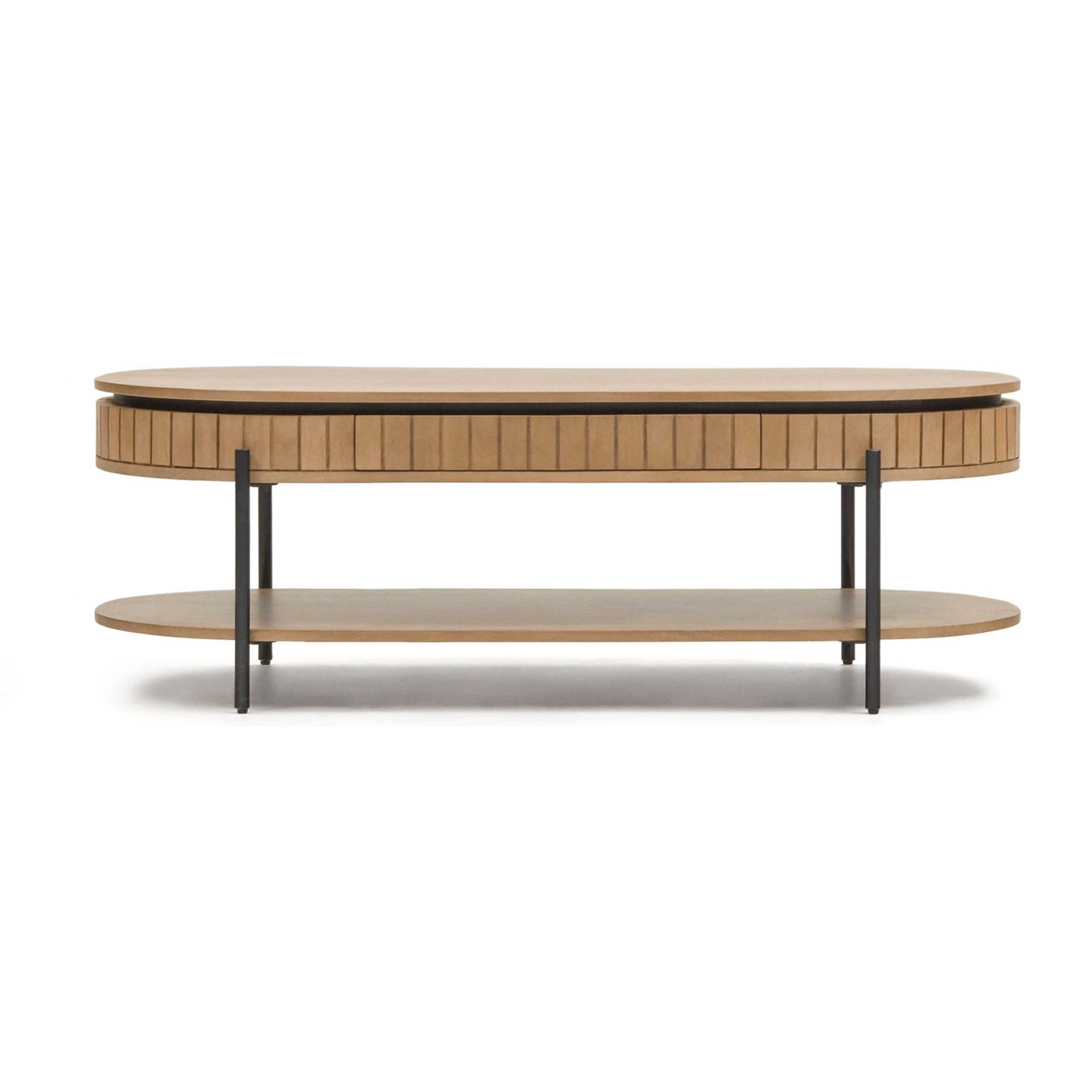 Mesa de centro Licia 1 cajón de madera maciza de mango y metal pintado negro 130 x 65 cm