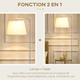 Lampadaire étagères design dim. Ø 37 x 162H cm 40 W max. bois bambou verni métal abat-jour tissu blanc