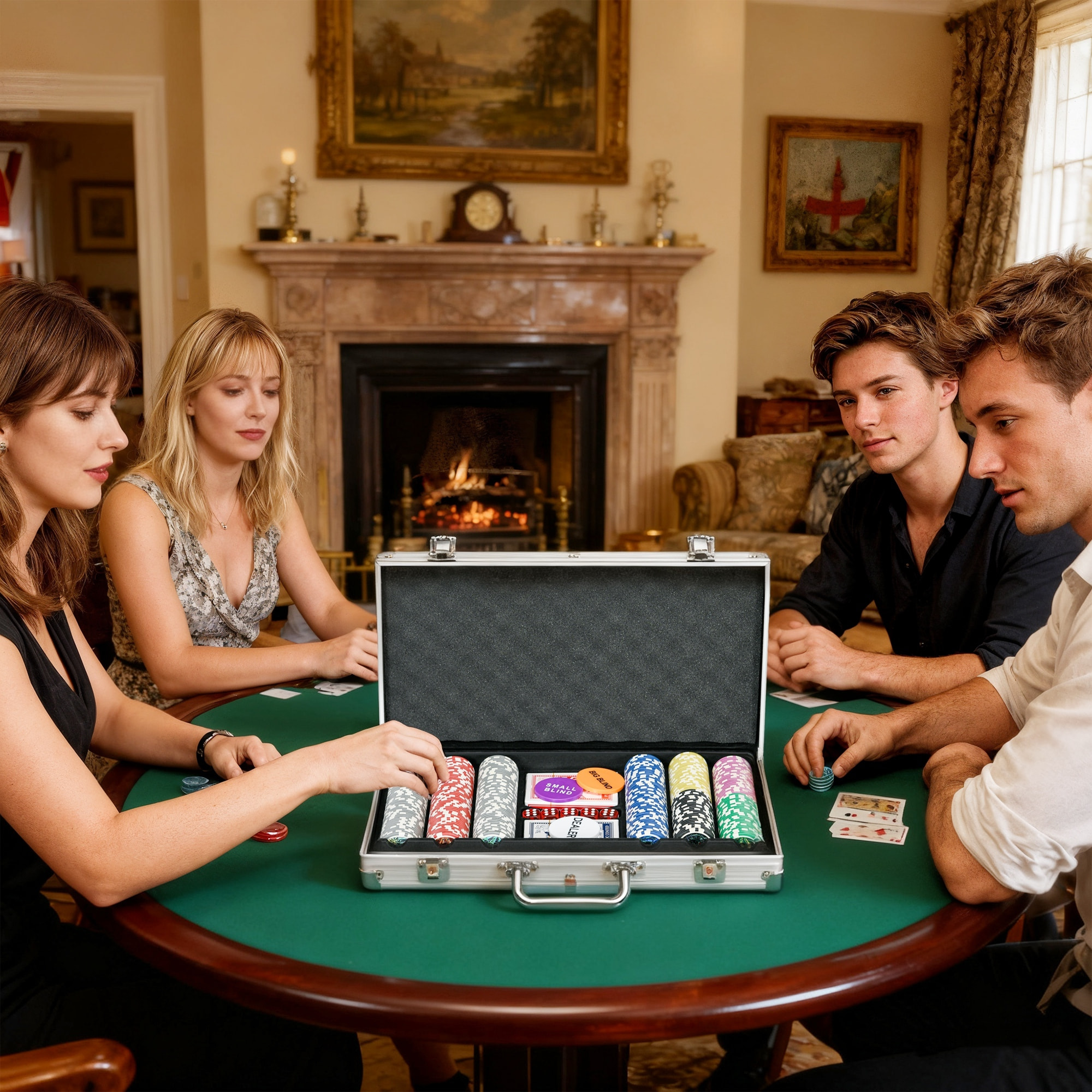 Juego de Póker Profesional, Maletín de Póker de Aluminio con 300 Fichas de 11,5 g, 2 Barajas de Cartas, 5 Dados, Tapete y Botón de Crupier, para 7-8 Jugadores con Cerradura, Plateado