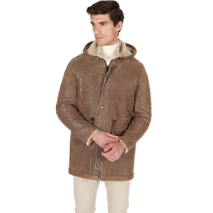 Cappotto Montone Shearling color fango con cappuccio staccabile