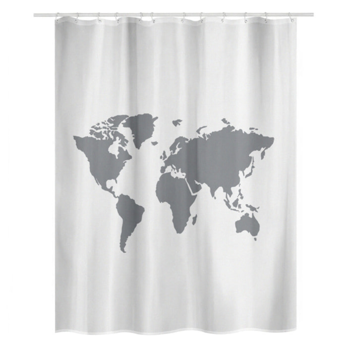 Rideau de douche Polyester WORLD 180x200cm QUALITE PREMIUM Gris & Blanc - Anneaux inclus MSV