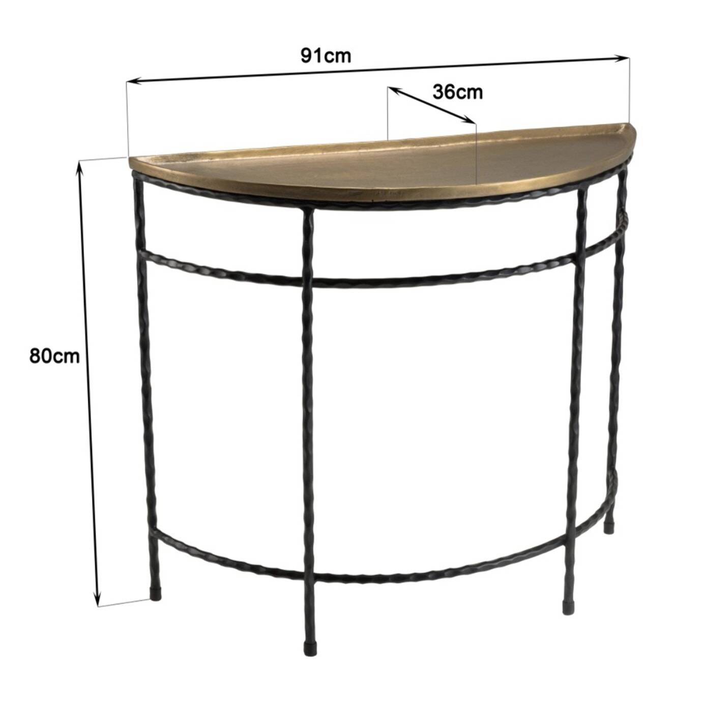 JOHAN - Console demi-lune 90x36cm alu doré pieds métal noirs torsadés