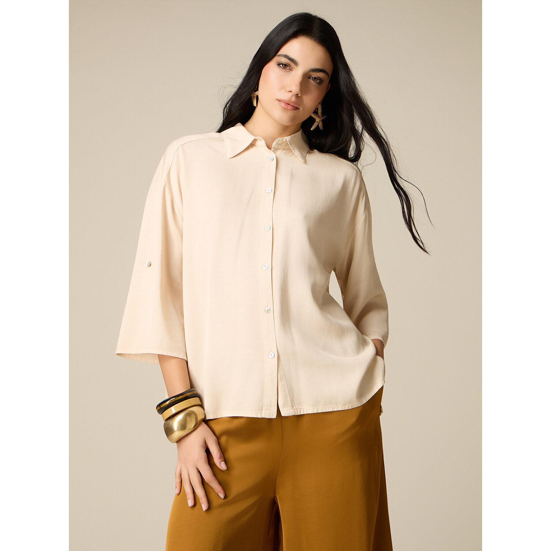 Oltre - Camisa fluida mezcla viscosa - Beige