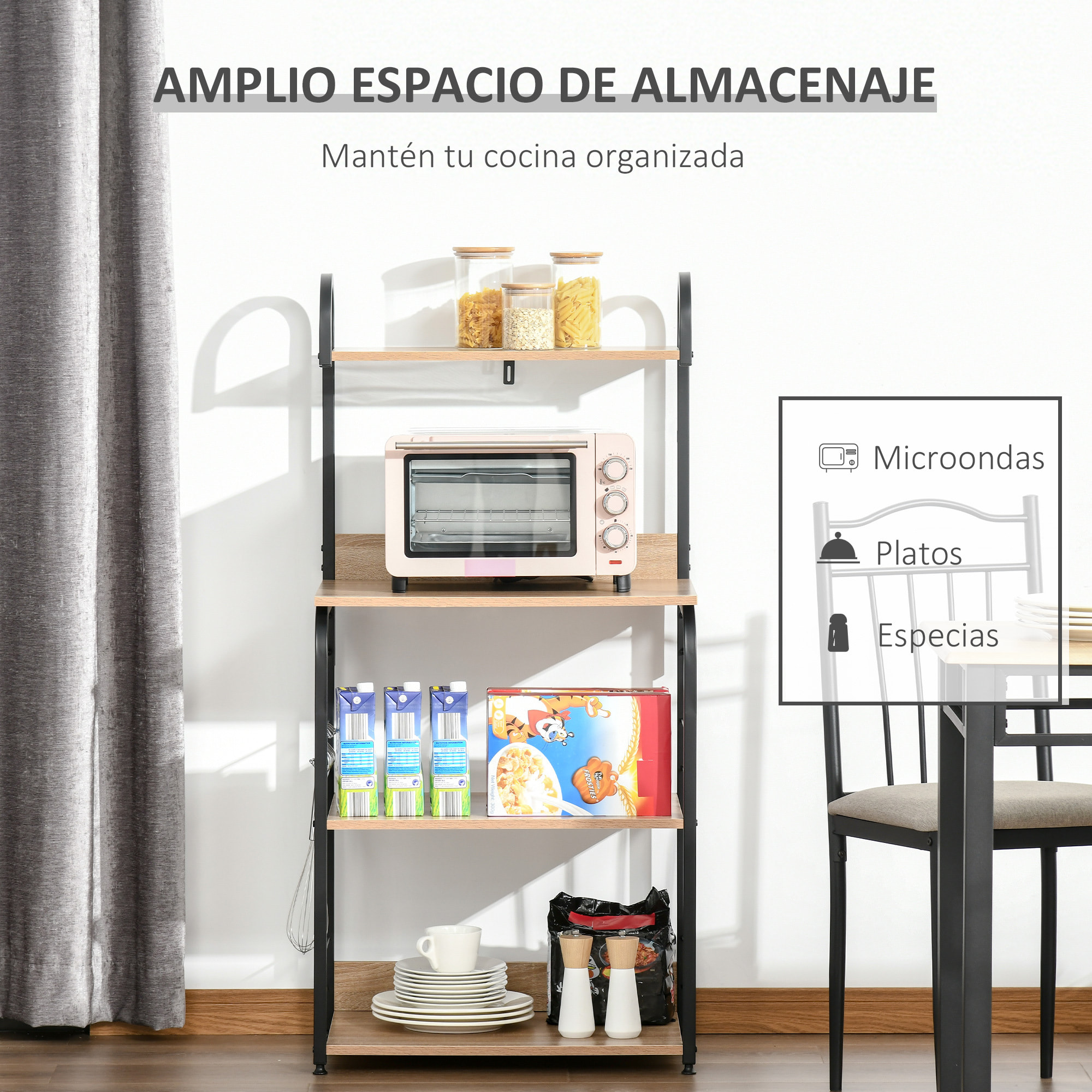 HOMCOM Estante de Cocina Estantería para Microondas con 4 Niveles Ganchos y Pies Ajustables Estantes de Almacenaje 60x40x125 cm Madera Natural