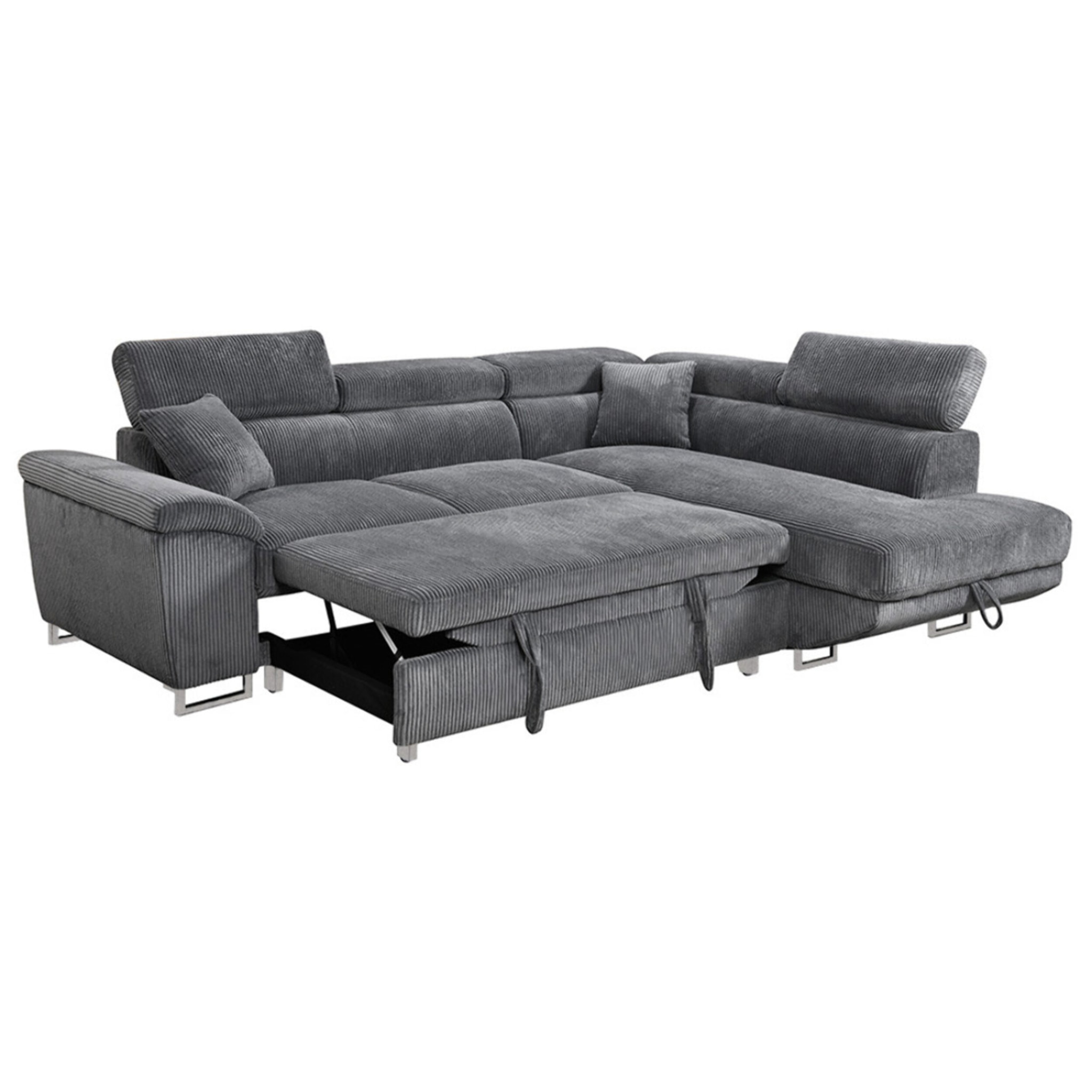 Baoji - Canapé d'angle droit 5 places convertible avec têtières et coffre en velours côtelé - Gris
